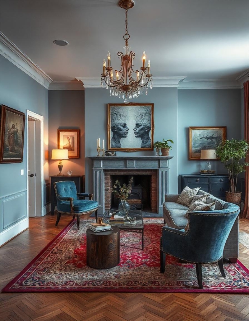 A cozy living room featuring blue walls and a fireplace, ideal for relaxation and investment in foreign real estate.