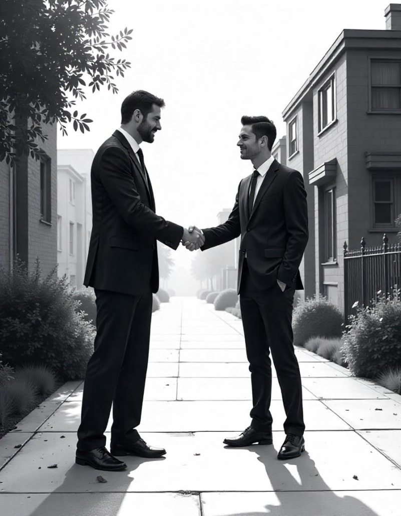 Two men in formal attire shaking hands on a sidewalk, representing a transaction related to NRI property sale.