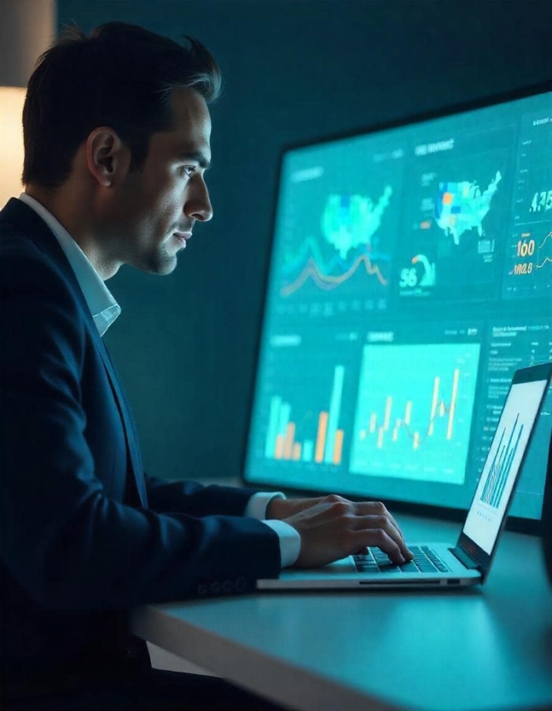 A professional man in a suit reviews financial information on a laptop, highlighting Virtual CFO Services in the USA.